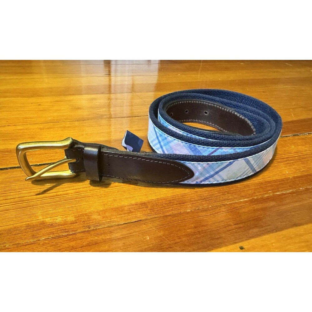 Vineyard Vines Mens Plaid Canvas Club Belt Size 44 Leather Pastel Navy FLAW READ